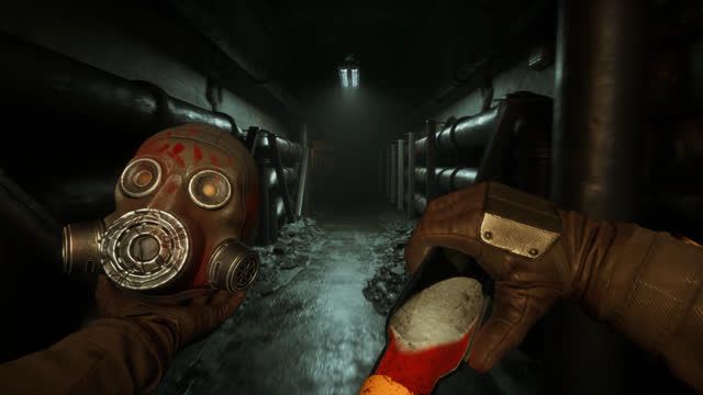 Official FEAR OF FAITH screenshot showing a gas mask and a physical bunker item